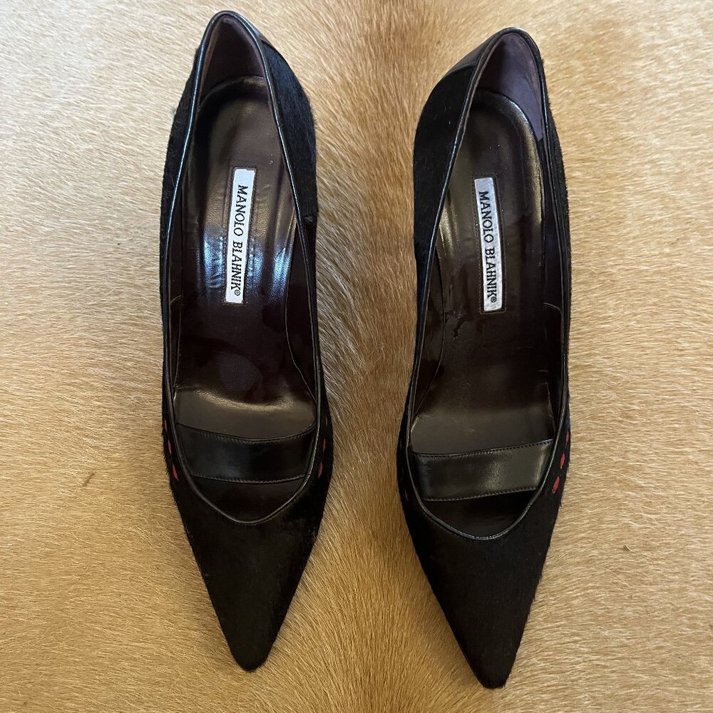 Black Mohair Manolo Blahnik with red stitch